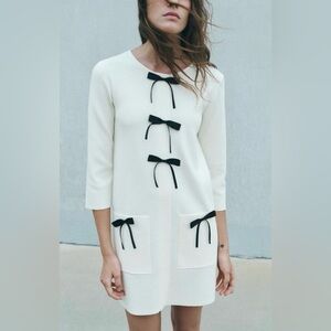 Zara Bow Detail Mini Dress Elbow Sleeve NWT Women’s Small Cream Black Coquette